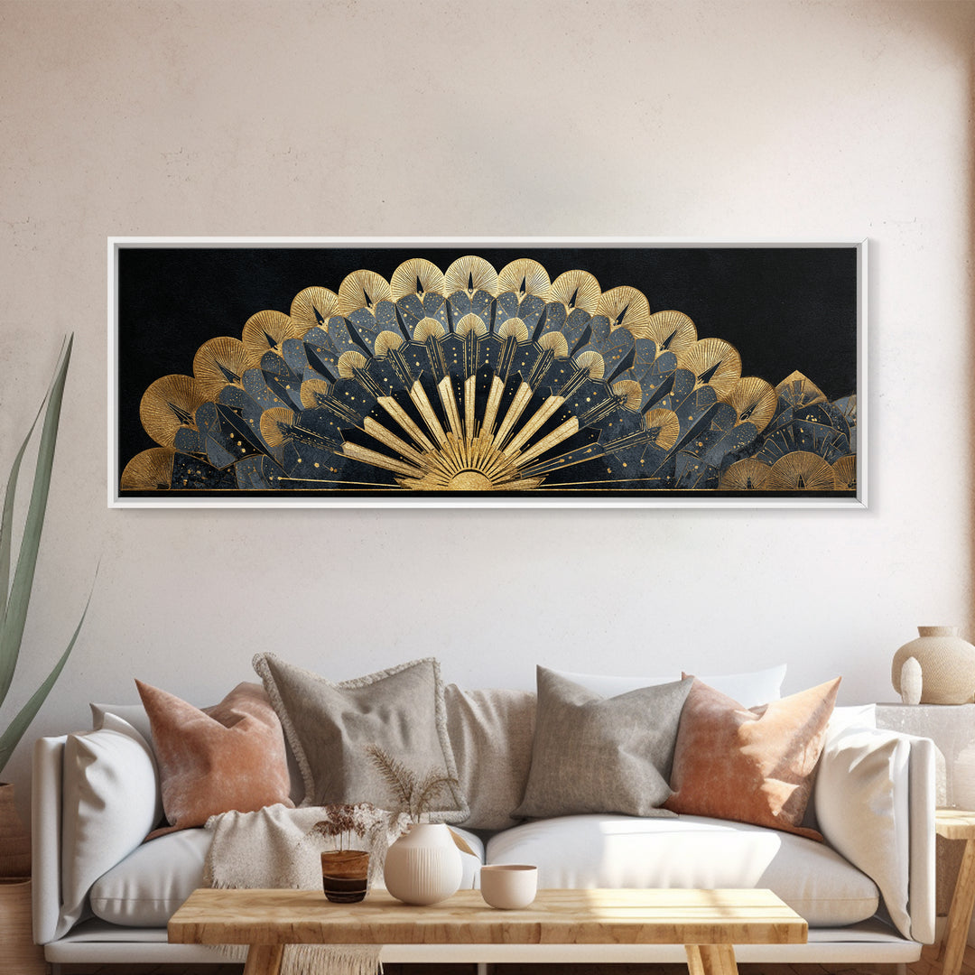 Art Deco Gold Fan Pattern Framed Canvas Print, Wall Art, Painting, Living Room Decor, Fine Art, Wall Hanging, WAL-3x1-84