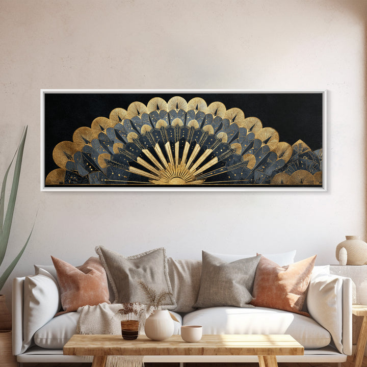 Art Deco Gold Fan Pattern Framed Canvas Print, Wall Art, Painting, Living Room Decor, Fine Art, Wall Hanging, WAL-3x1-84