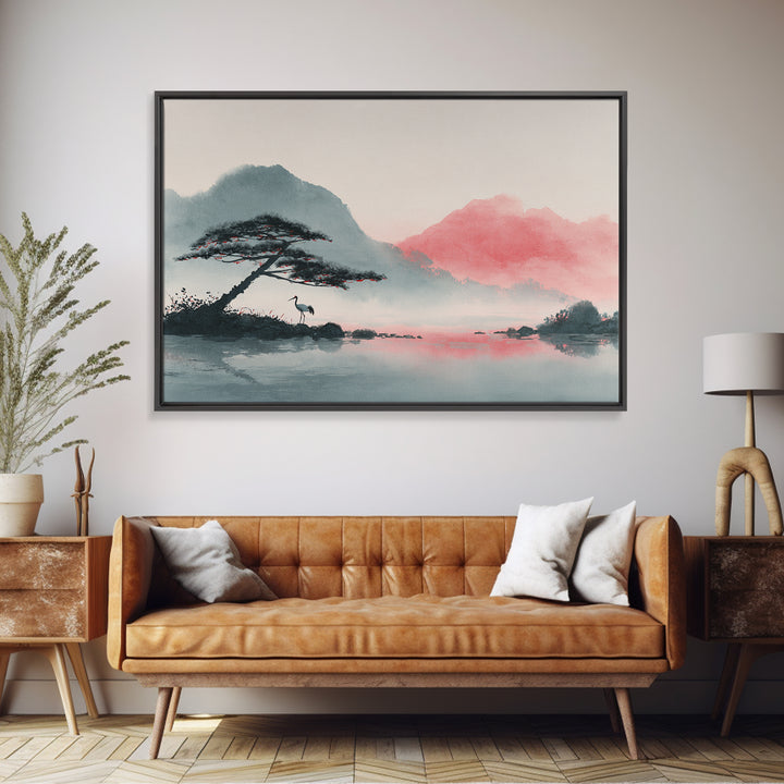 Monochrome Ink Crane Composition Framed Canvas Print, Wall Art, Living Room Decor, Oil Painting, Metal Wall Art, WAL-3x2-100
