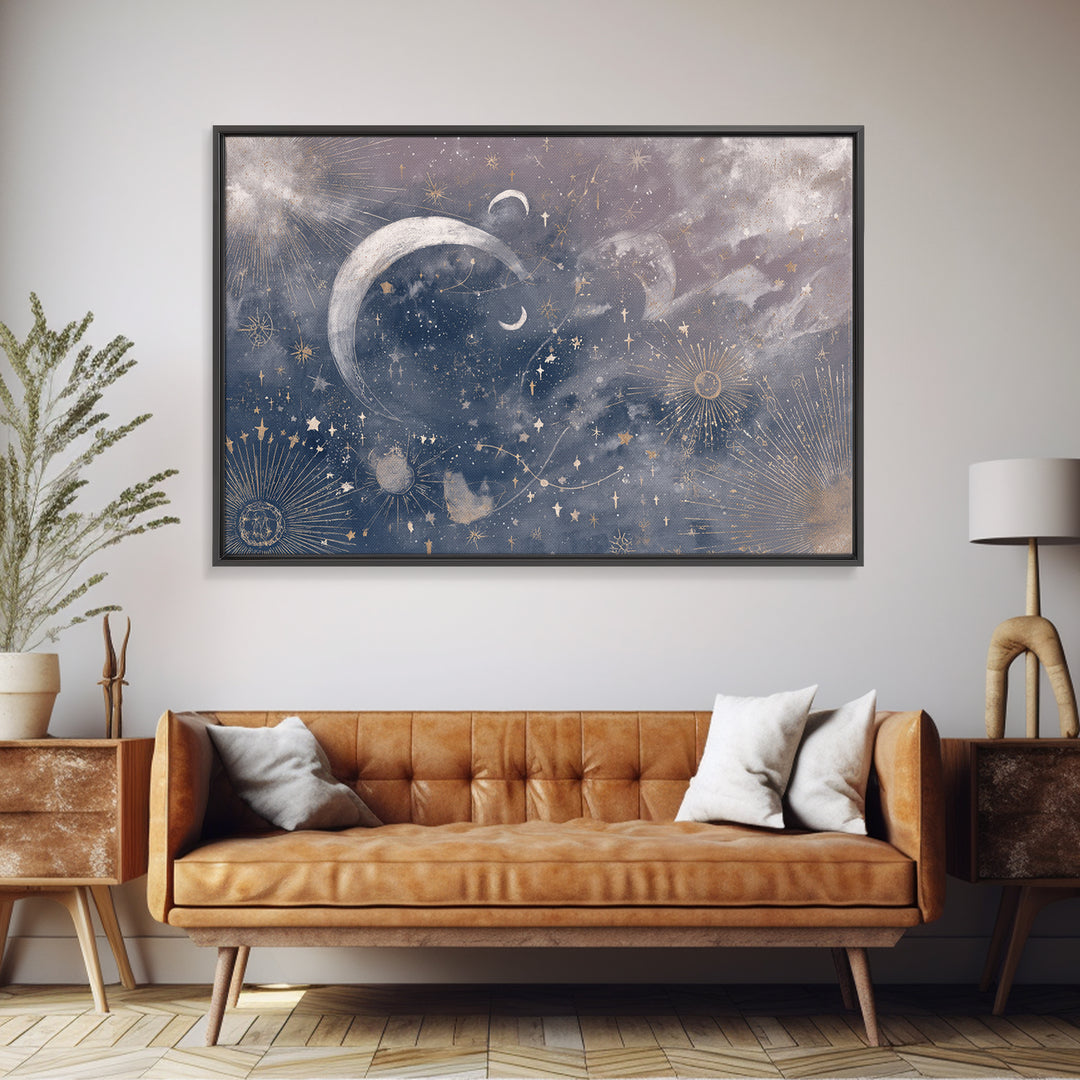 Celestial Moon and Stars Artwork Framed Canvas Print, Wall Art, Digital Wall Art, Living Room Decor, Fine Art, WAL-3x2-18