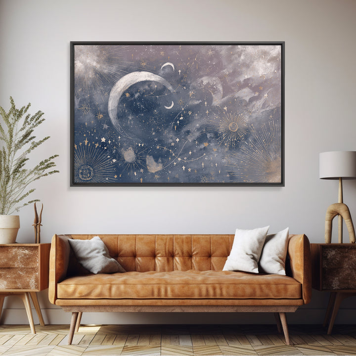 Celestial Moon and Stars Artwork Framed Canvas Print, Wall Art, Digital Wall Art, Living Room Decor, Fine Art, WAL-3x2-18