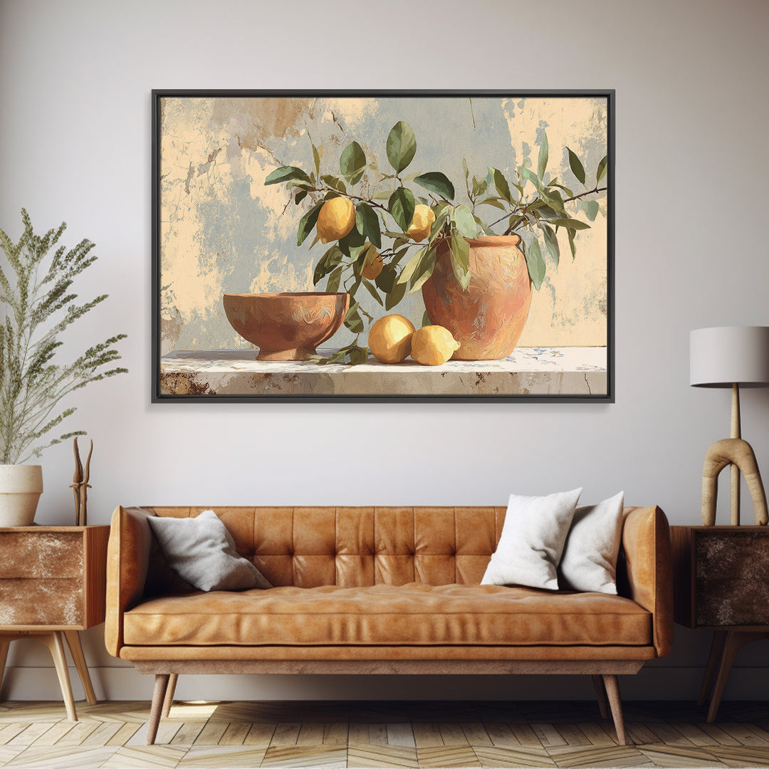 Mediterranean Lemon Branch Still Life Framed Canvas Print, Wall Art, Canvas, Living Room Decor, Watercolor Art, WAL-3x2-2
