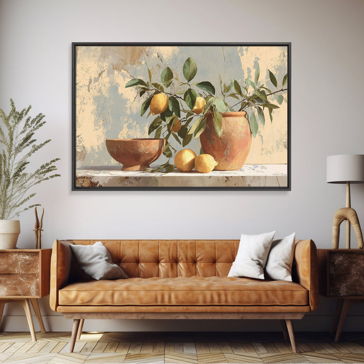 Mediterranean Lemon Branch Still Life Framed Canvas Print, Wall Art, Canvas, Living Room Decor, Watercolor Art, WAL-3x2-2