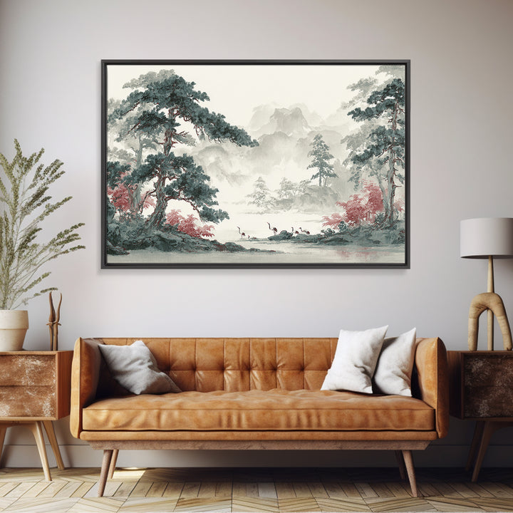 Monochrome Ink Crane Composition Framed Canvas Print, Wall Art, Original Art, Living Room Decor, Fine Art, Modern Decor, WAL-3x2-28