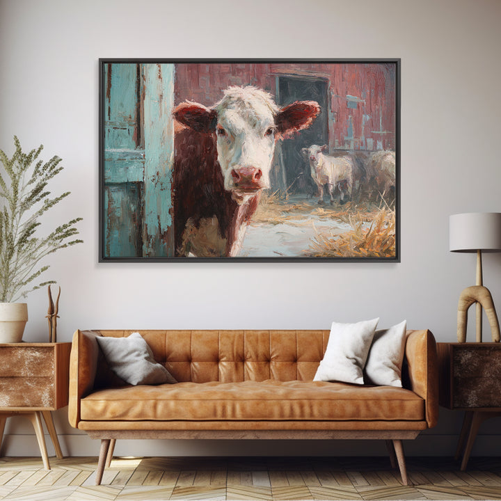 Rustic Farmhouse Cow Portrait Framed Canvas Print, Wall Art, Heart, Living Room Decor, Fine Art, Home Decor Gift, WAL-3x2-47