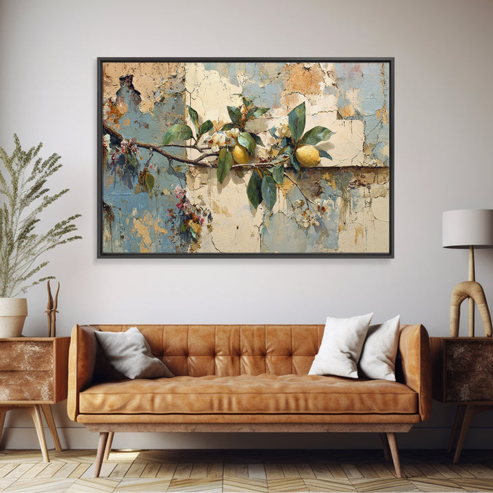 Mediterranean Lemon Branch Still Life Framed Canvas Print, Wall Art, Framed Wall Art, Living Room Decor, Fine Art, WAL-3x2-50