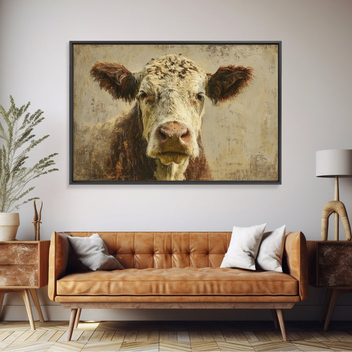 Rustic Farmhouse Cow Portrait Framed Canvas Print, Wall Art, Abstract Wall Art, Living Room Decor, Fine Art, WAL-3x2-71