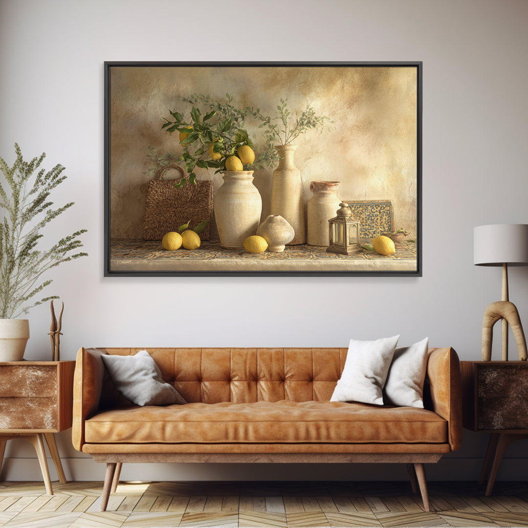 Mediterranean Lemon Branch Still Life Framed Canvas Print, Wall Art, Framed Wall Art, Living Room Decor, Fine Art, WAL-3x2-74