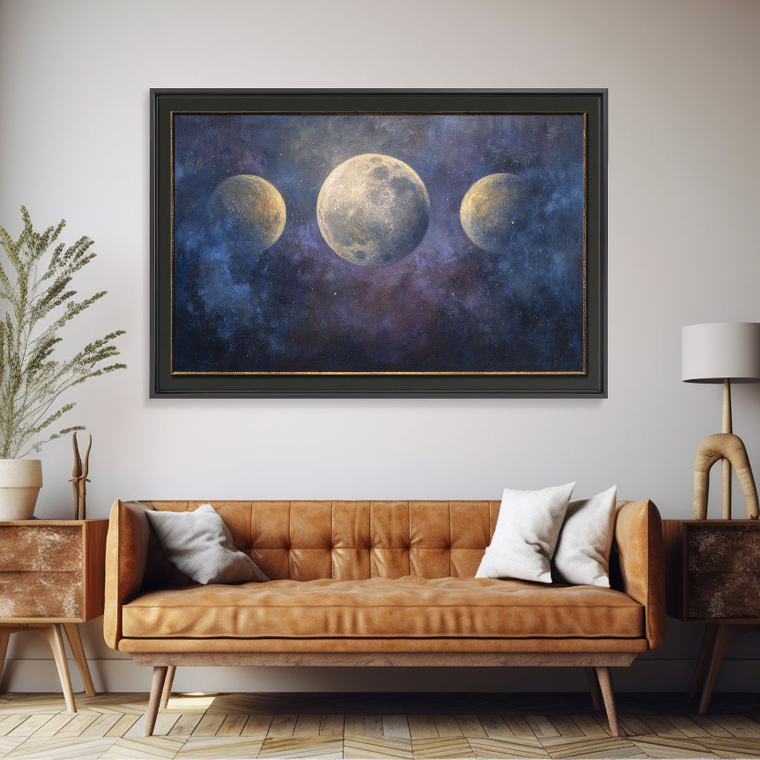 Celestial Moon and Stars Artwork Framed Canvas Print, Wall Art, Digital Print, Living Room Decor, Fine Art, Luxury Decor, WAL-3x2-90