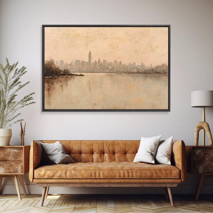 Urban Skyline in Muted Evening Color Canvas Print, Wall Art, Wood Wall Art, Living Room Decor, Fine Art, Textured Painting, WAL-3x2-94