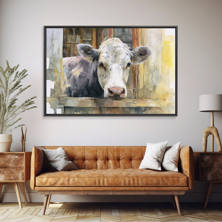 Rustic Farmhouse Cow Portrait Framed Canvas Print, Wall Art, Canvas, Living Room Decor, Oil Painting, Canvas Wall Art, WAL-3x2-95