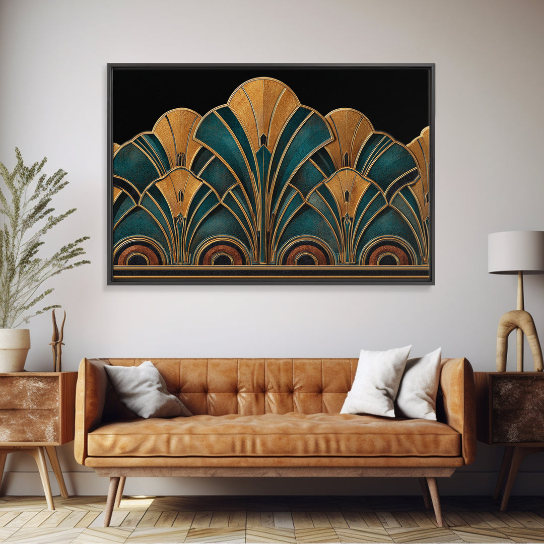 Art Deco Gold Fan Pattern Framed Canvas Print, Wall Art, Painting, Living Room Decor, Fine Art, Wall Hanging, WAL-3x2-96