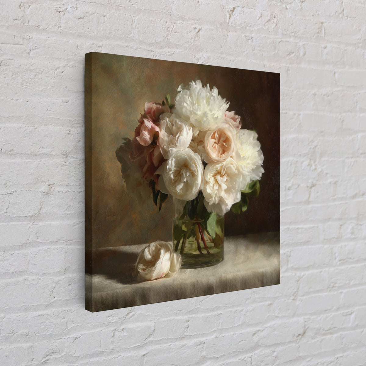 Romantic Bouquet of White Roses and Peonies Canvas Print, Wedding Art, Wedding Painting, Living Room Decor, Fine Art, Romance, WED-1x1-25