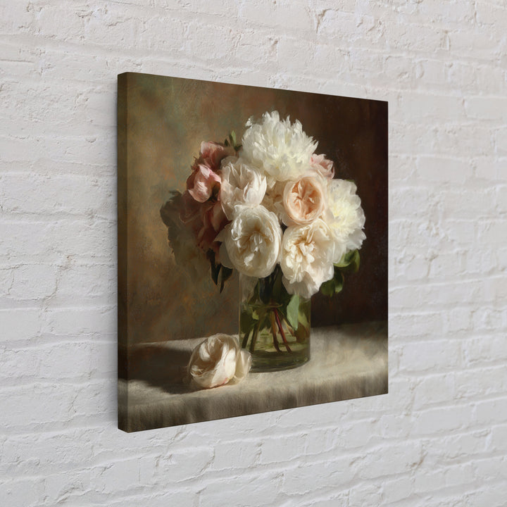 Romantic Bouquet of White Roses and Peonies Canvas Print, Wedding Art, Wedding Painting, Living Room Decor, Fine Art, Romance, WED-1x1-25