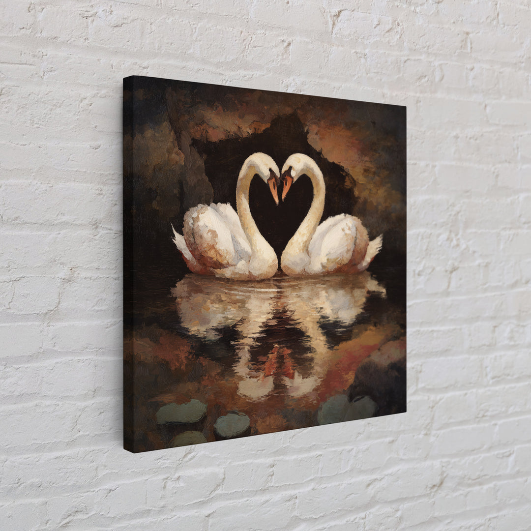 Two Swans Forming a Heart on Dark Canvas Print, Wedding Art, Unique Wedding Gift, Living Room Decor, Fine Art, Romance, WED-1x1-26