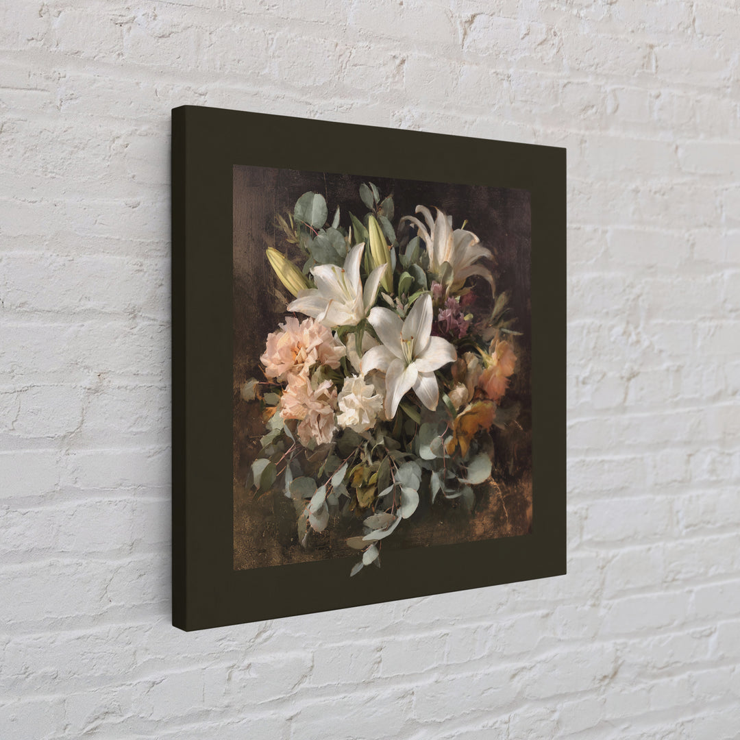 White Lilies and Eucalyptus Arrangement Framed Canvas Print, Wedding Art, Wedding Poster, Living Room Decor, Abstract Art, WED-1x1-33