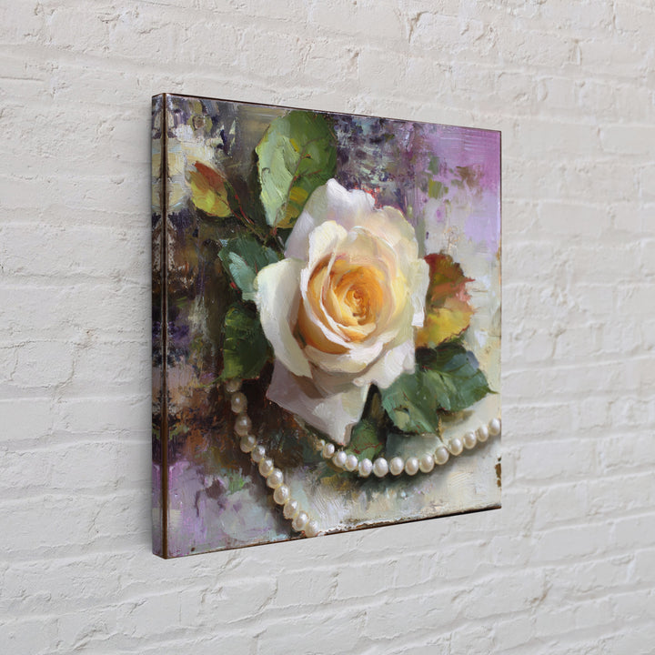 Pearl Necklace and Rose Still Life Canvas Print, Wedding Art, Framed Art, Living Room Decor, Watercolor Art, Romance, WED-1x1-36