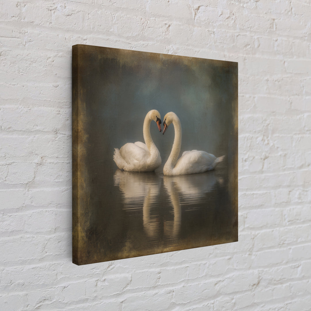 Two Swans Forming a Heart on Dark Canvas Print, Wedding Art, Unique Wedding Gift, Living Room Decor, Fine Art, Romance, WED-1x1-50