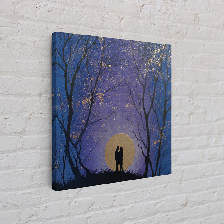 Couple Silhouette Beneath Moonlit Trees Framed Canvas Print, Wedding Art, Personalized Wedding, Living Room Decor, Romance, WED-1x1-53