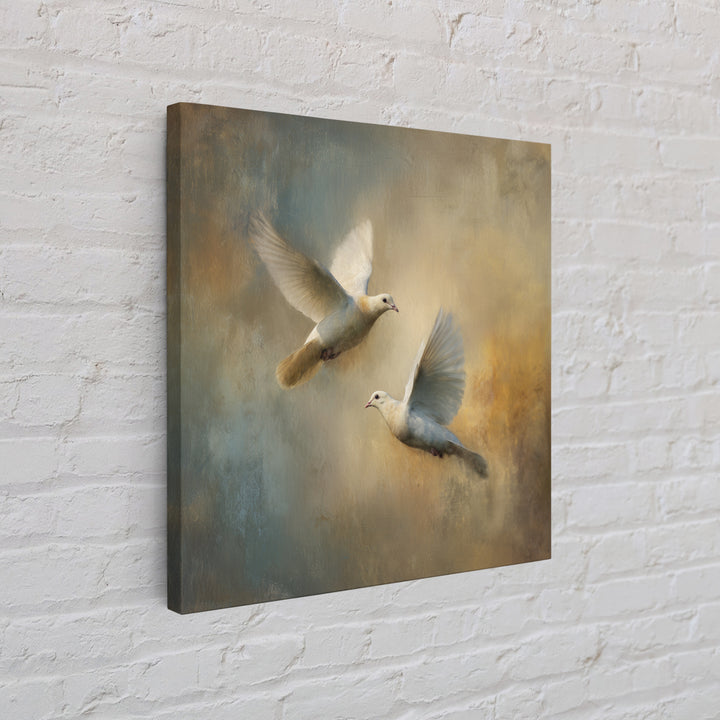 Doves Flying Through Soft Golden Light Canvas Print, Wedding Art, Wedding Painting, Living Room Decor, Fine Art, Romance, WED-1x1-59