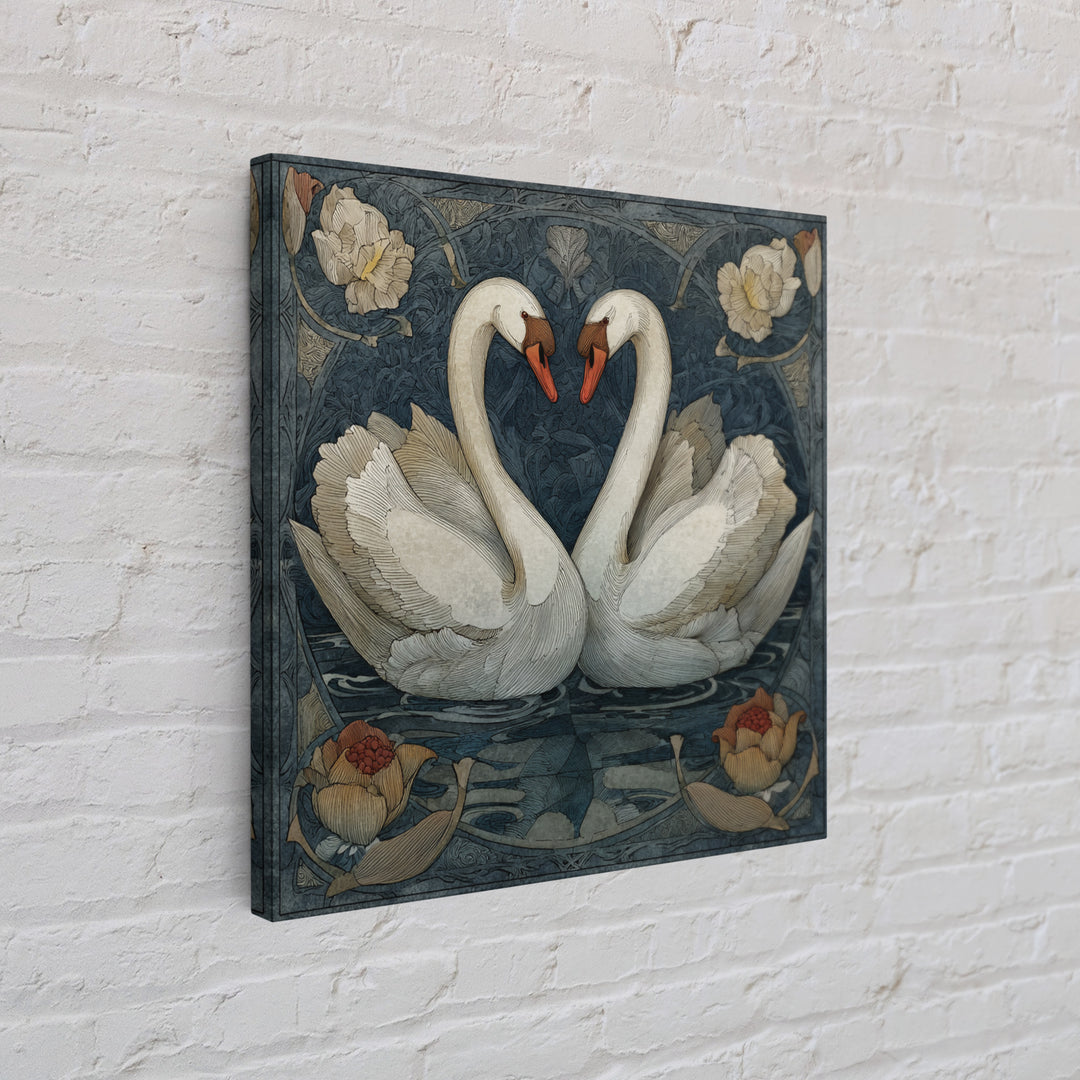 Two Swans Forming a Heart on Dark Framed Canvas Print, Wedding Art, Personalized Art, Living Room Decor, Fine Art, Romance, WED-1x1-74