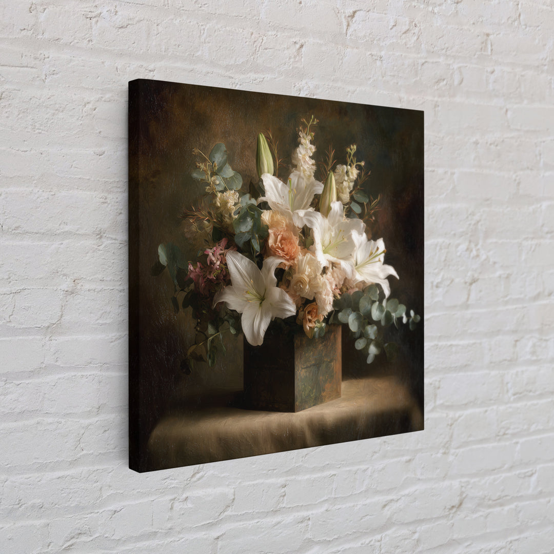 White Lilies and Eucalyptus Arrangement Canvas Print, Wedding Art, Modern Decor, Living Room Decor, Fine Art, Romance, WED-1x1-81