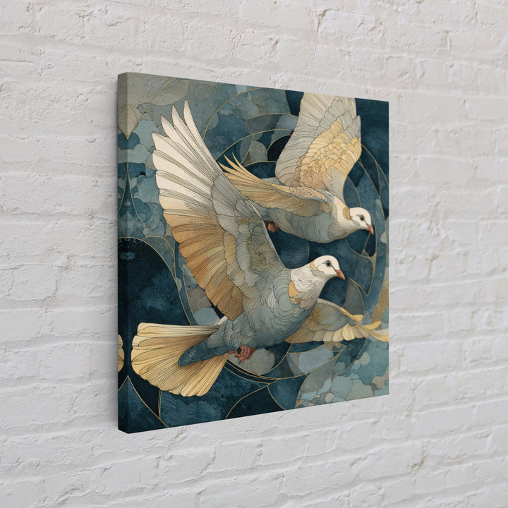 Doves Flying Through Soft Golden Light Framed Canvas Print, Wedding Art, Wall Decor, Living Room Decor, Fine Art, Romance, WED-1x1-83