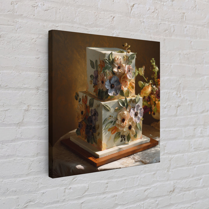 Wedding Cake with Flowers in Painterly Style Canvas Print, Wedding Art, Wedding Poster, Living Room Decor, Oil Painting, WED-1x1-86