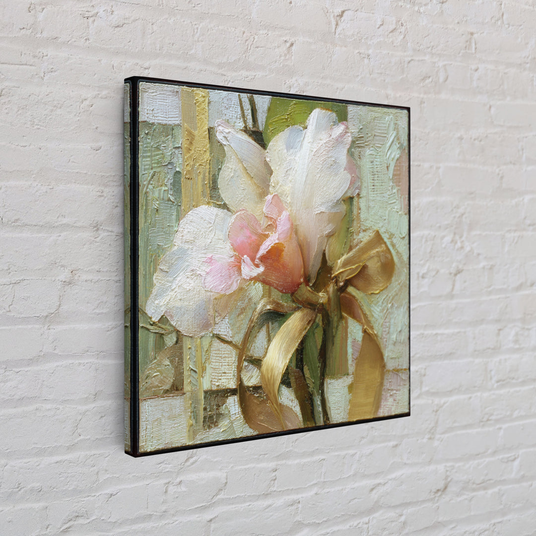 White Orchid and Gold Ribbon Composition Framed Canvas Print, Wedding Art, Wedding Gift, Living Room Decor, Fine Art, Romance, WED-1x1-96