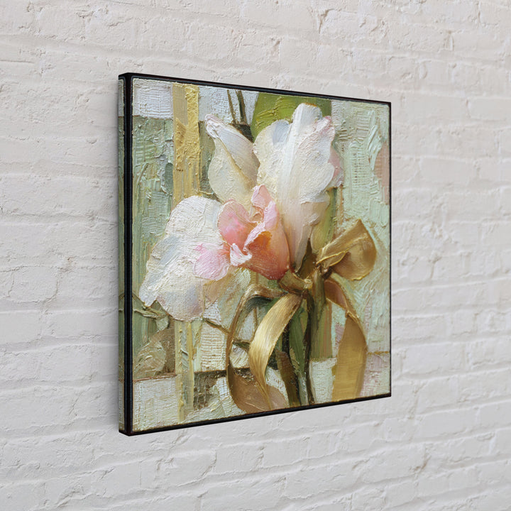 White Orchid and Gold Ribbon Composition Framed Canvas Print, Wedding Art, Wedding Gift, Living Room Decor, Fine Art, Romance, WED-1x1-96