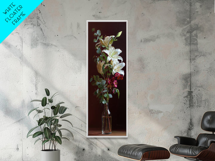 White Lilies and Eucalyptus Arrangement Framed Canvas Print, Wedding Art, Wedding Stationery, Living Room Decor, Oil Painting, WED-1x3-45