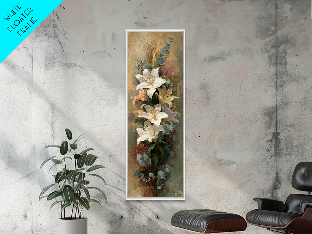 White Lilies and Eucalyptus Arrangement Framed Canvas Print, Wedding Art, Wedding Stationery, Living Room Decor, Oil Painting, WED-1x3-69