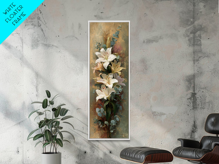 White Lilies and Eucalyptus Arrangement Framed Canvas Print, Wedding Art, Wedding Stationery, Living Room Decor, Oil Painting, WED-1x3-69