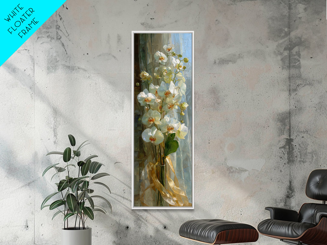 White Orchid and Gold Ribbon Composition Framed Canvas Print, Wedding Art, Art, Living Room Decor, Fine Art, Romance, WED-1x3-84