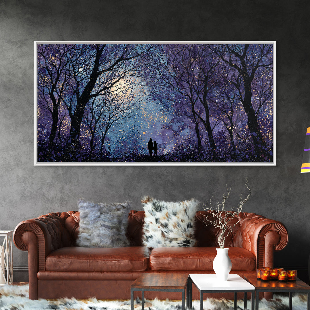 Couple Silhouette Beneath Moonlit Trees Framed Canvas Print, Wedding Art, Luxury Decor, Living Room Decor, Fine Art, Romance, WED-2x1-1