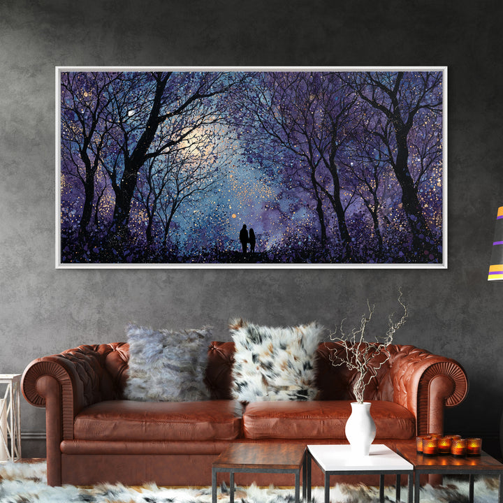 Couple Silhouette Beneath Moonlit Trees Framed Canvas Print, Wedding Art, Luxury Decor, Living Room Decor, Fine Art, Romance, WED-2x1-1
