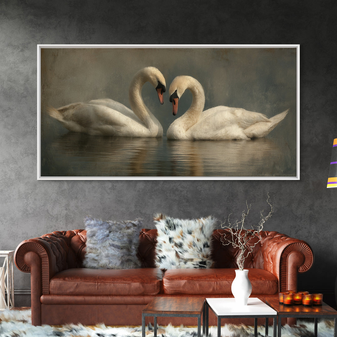 Two Swans Forming a Heart on Dark Canvas Print, Wedding Art, Gallery Decor, Living Room Decor, Fine Art, Romance, WED-2x1-22