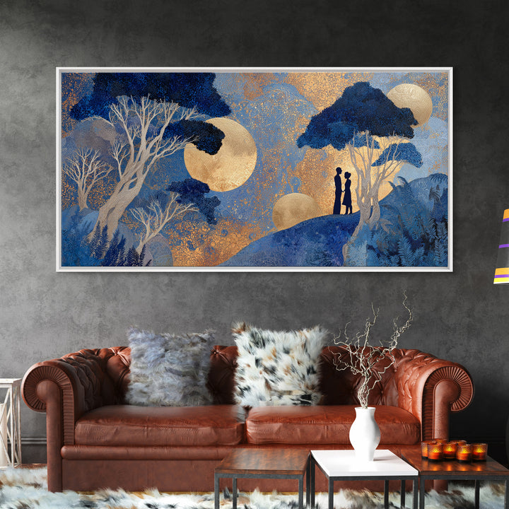 Couple Silhouette Beneath Moonlit Trees Framed Canvas Print, Wedding Art, Luxury Decor, Living Room Decor, Fine Art, Romance, WED-2x1-25