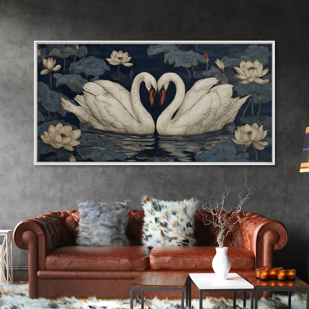 Two Swans Forming a Heart on Dark Framed Canvas Print, Wedding Art, Boho Decor, Living Room Decor, Fine Art, Romance, WED-2x1-46