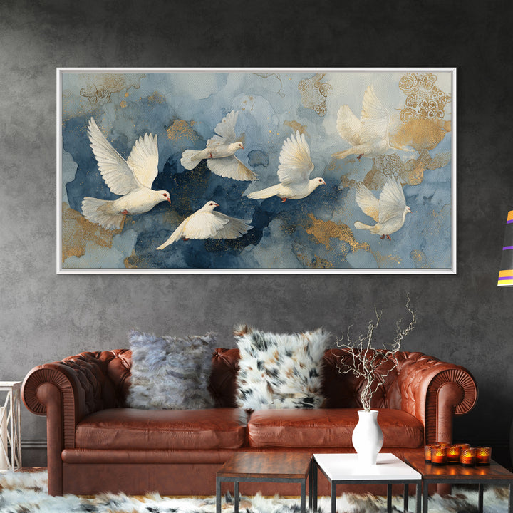 Doves Flying Through Soft Golden Light Framed Canvas Print, Wedding Art, Custom Painting, Living Room Decor, Fine Art, Romance, WED-2x1-55