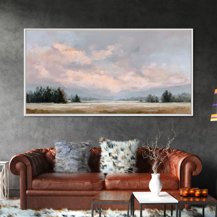 Blush Cloudscape with Dreamy Atmosphere Framed Canvas Print, Wedding Art, Downloadable Art, Living Room Decor, Watercolor Art, WED-2x1-59