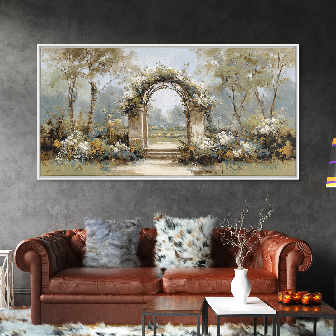 Romantic Garden Arch Covered Framed Canvas Print, Wedding Art, Neutral Decor, Living Room Decor, Oil Painting, Romance, WED-2x1-6