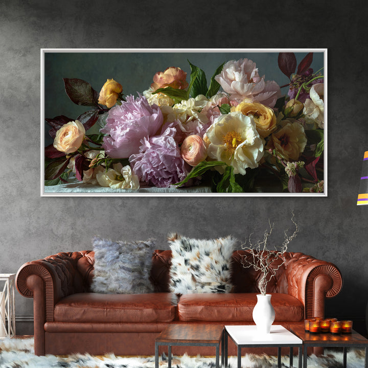 Peony and Ranunculus Bouquet Canvas Print, Wedding Art, Wedding Guest Book, Living Room Decor, Romance, Rustic Wedding, WED-2x1-64