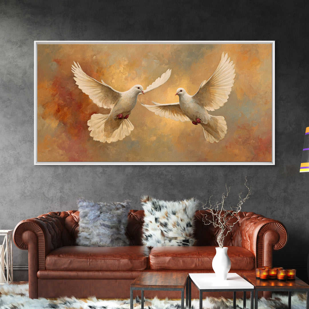 Doves Flying Through Soft Golden Light Framed Canvas Print, Wedding Art, Contemporary Art, Living Room Decor, Fine Art, Romance, WED-2x1-7