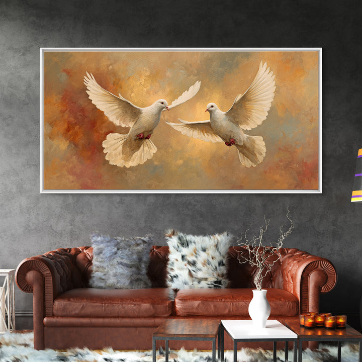 Doves Flying Through Soft Golden Light Framed Canvas Print, Wedding Art, Contemporary Art, Living Room Decor, Fine Art, Romance, WED-2x1-7