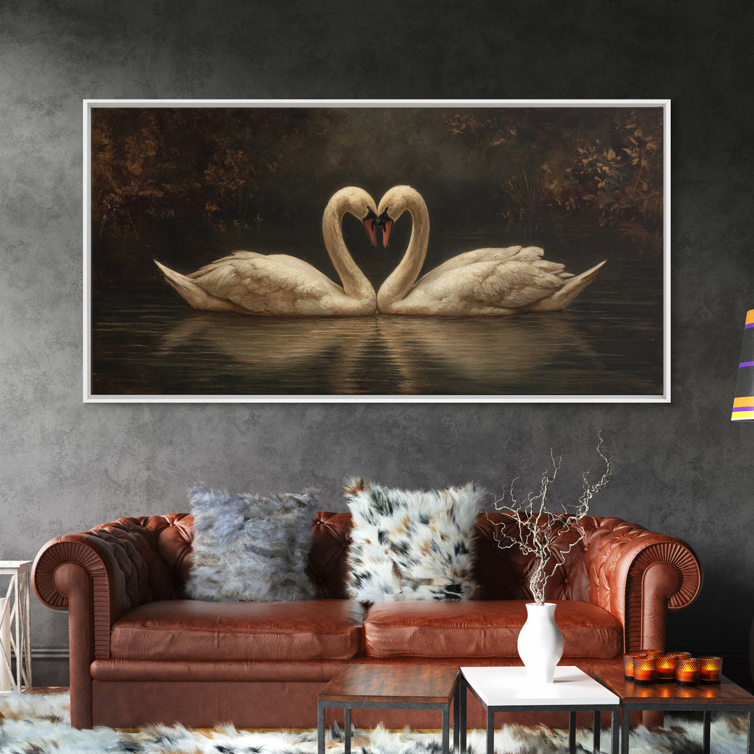 Two Swans Forming a Heart on Dark Canvas Print, Wedding Art, Minimalist Decor, Living Room Decor, Romance, Custom Painting, WED-2x1-70