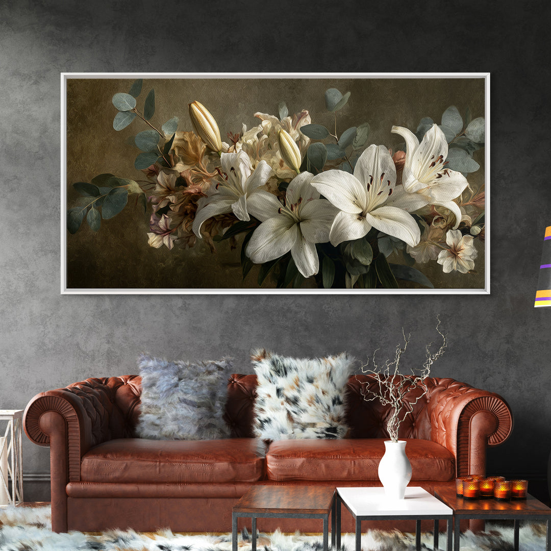 White Lilies and Eucalyptus Arrangement Canvas Print, Wedding Art, Wedding, Living Room Decor, Oil Painting, Romance, WED-2x1-77