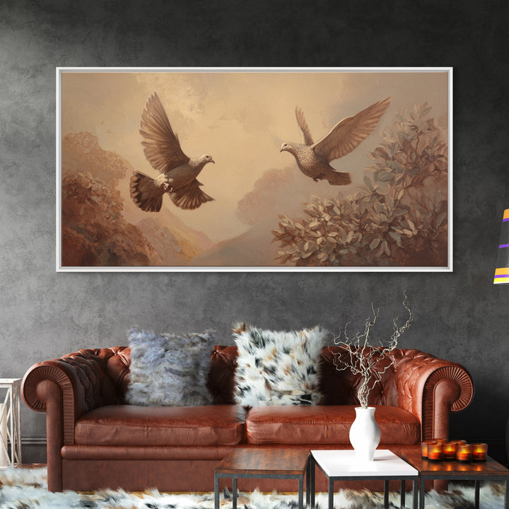 Doves Flying Through Soft Golden Light Framed Canvas Print, Wedding Art, Beach Wedding, Living Room Decor, Fine Art, Romance, WED-2x1-79