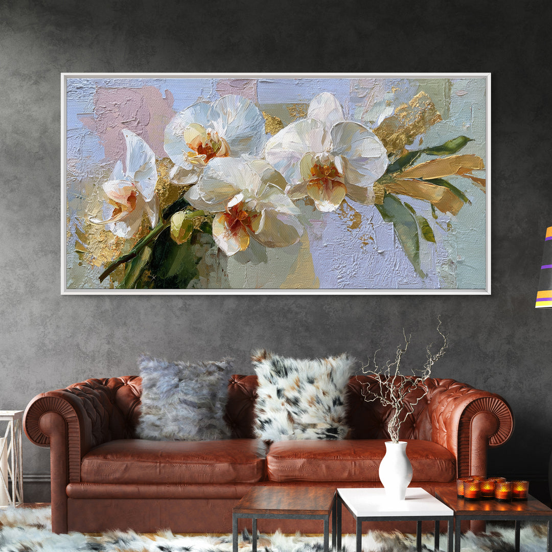 White Orchid and Gold Ribbon Composition Framed Canvas Print, Wedding Art, Custom Wedding Gift, Living Room Decor, Oil Painting, WED-2x1-92