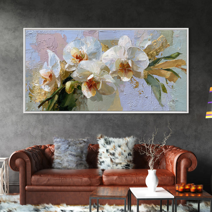 White Orchid and Gold Ribbon Composition Framed Canvas Print, Wedding Art, Custom Wedding Gift, Living Room Decor, Oil Painting, WED-2x1-92
